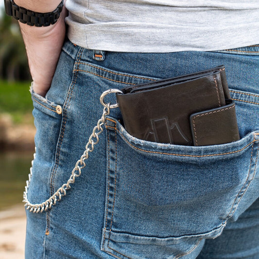 Leather bifold chain wallet with stainless steel chain