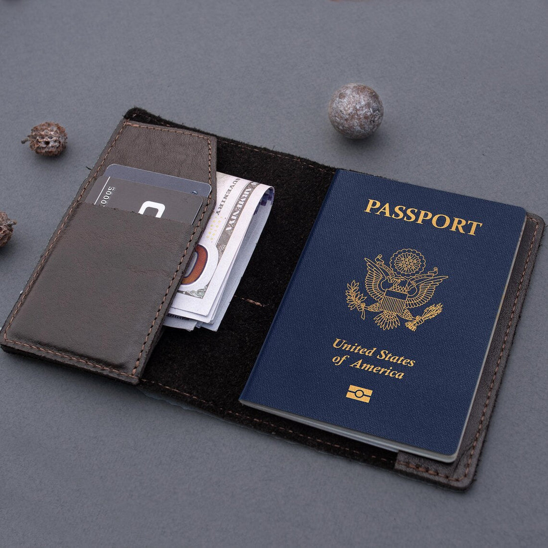Leather passport cover with hidden AirTag pocket