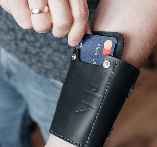 Leather biker arm cuff wrist wallet with zipper, handmade by RIDL