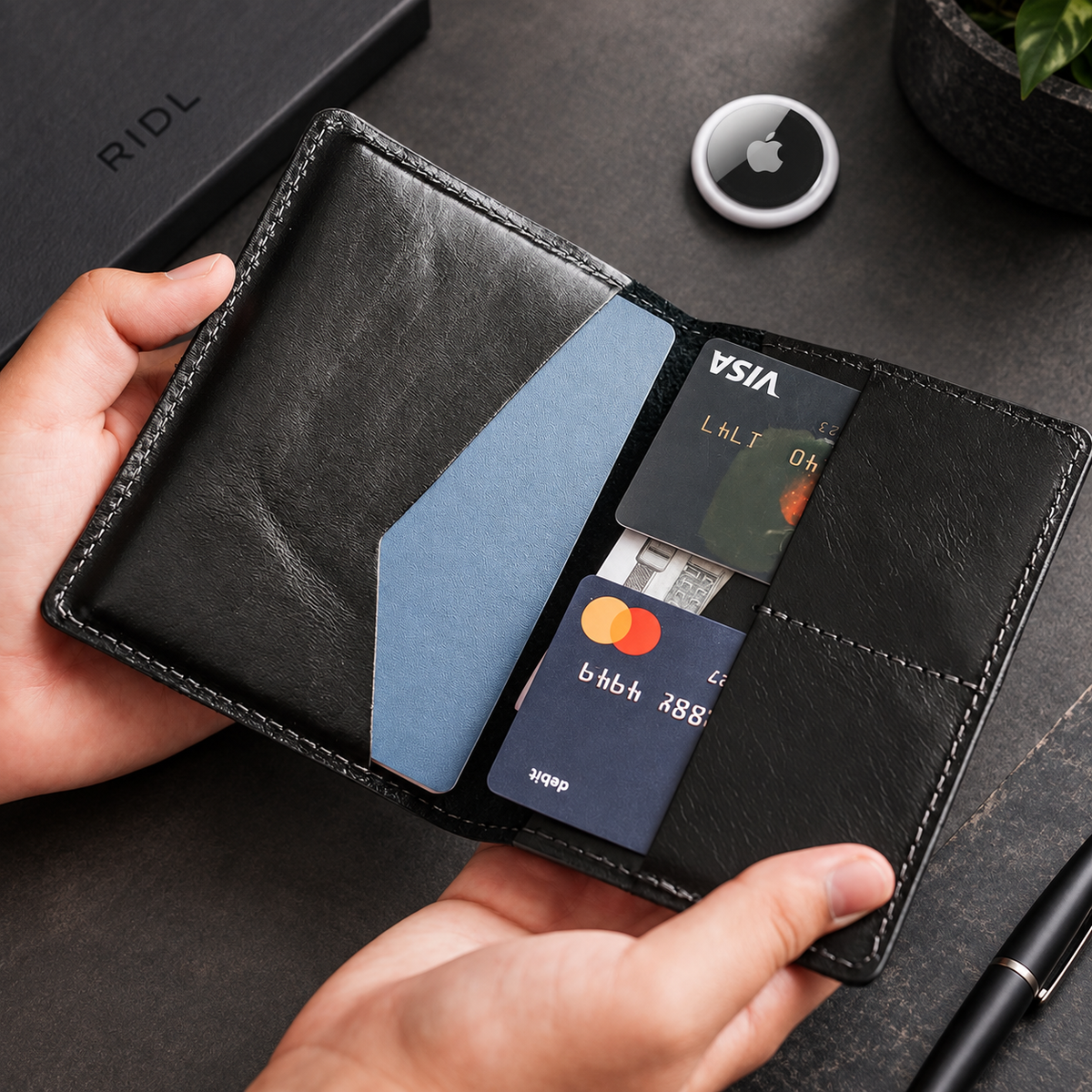 Leather passport wallet with AirTag slot, handmade by RIDL