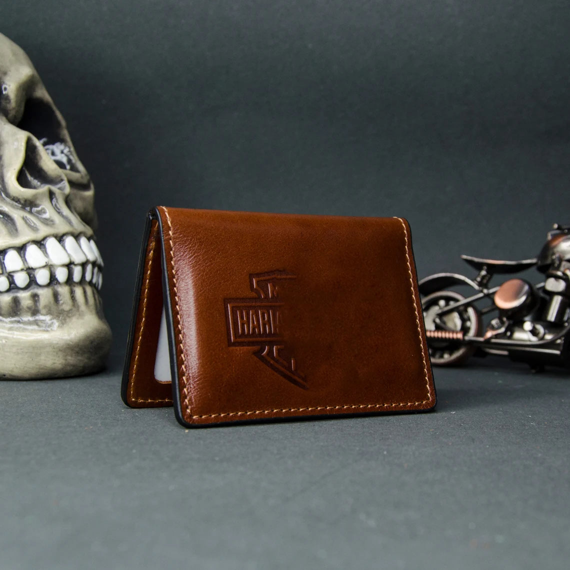 Minimalist leather ID card holder with transparent window, handmade by RIDL