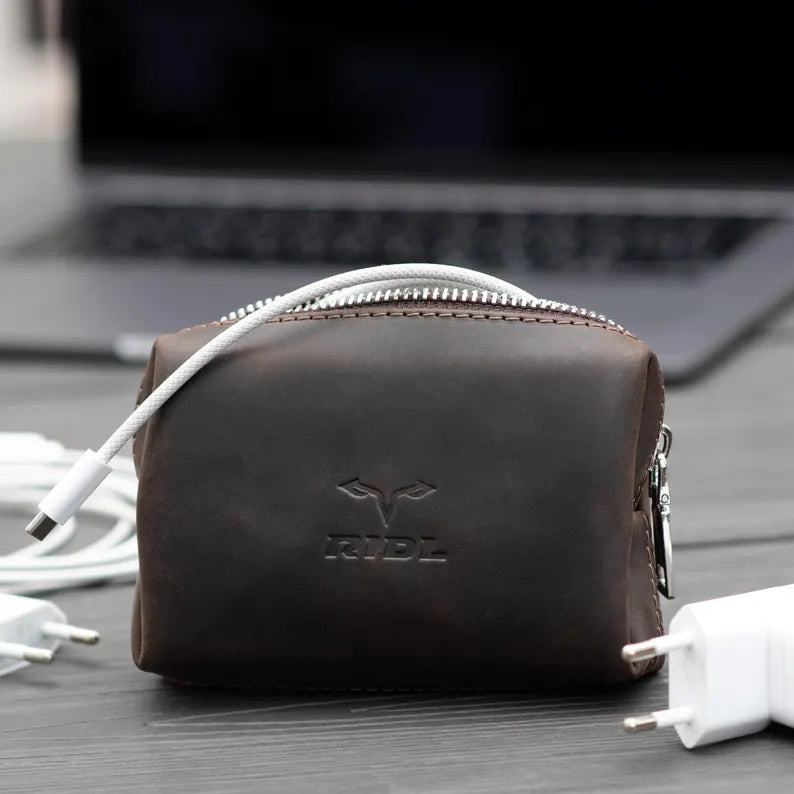 Leather cable organizer tech pouch for chargers, handmade by RIDL