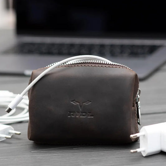 Leather cable organizer tech pouch for chargers, handmade by RIDL