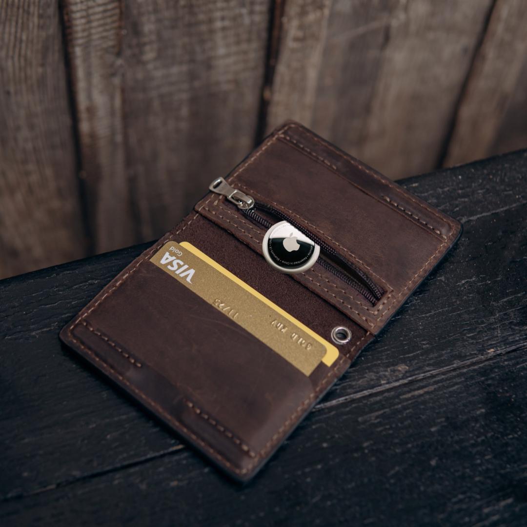 Handmade leather EDC wallet with magnetic closure, zip pocket and ID window by RIDL
