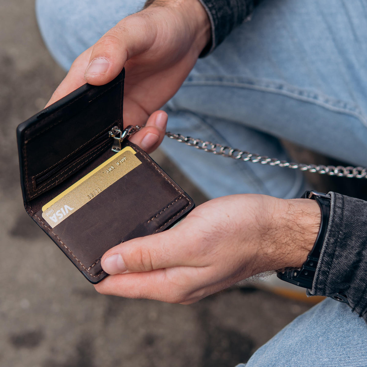 Handmade leather EDC wallet with magnetic closure, zip pocket and ID window by RIDL